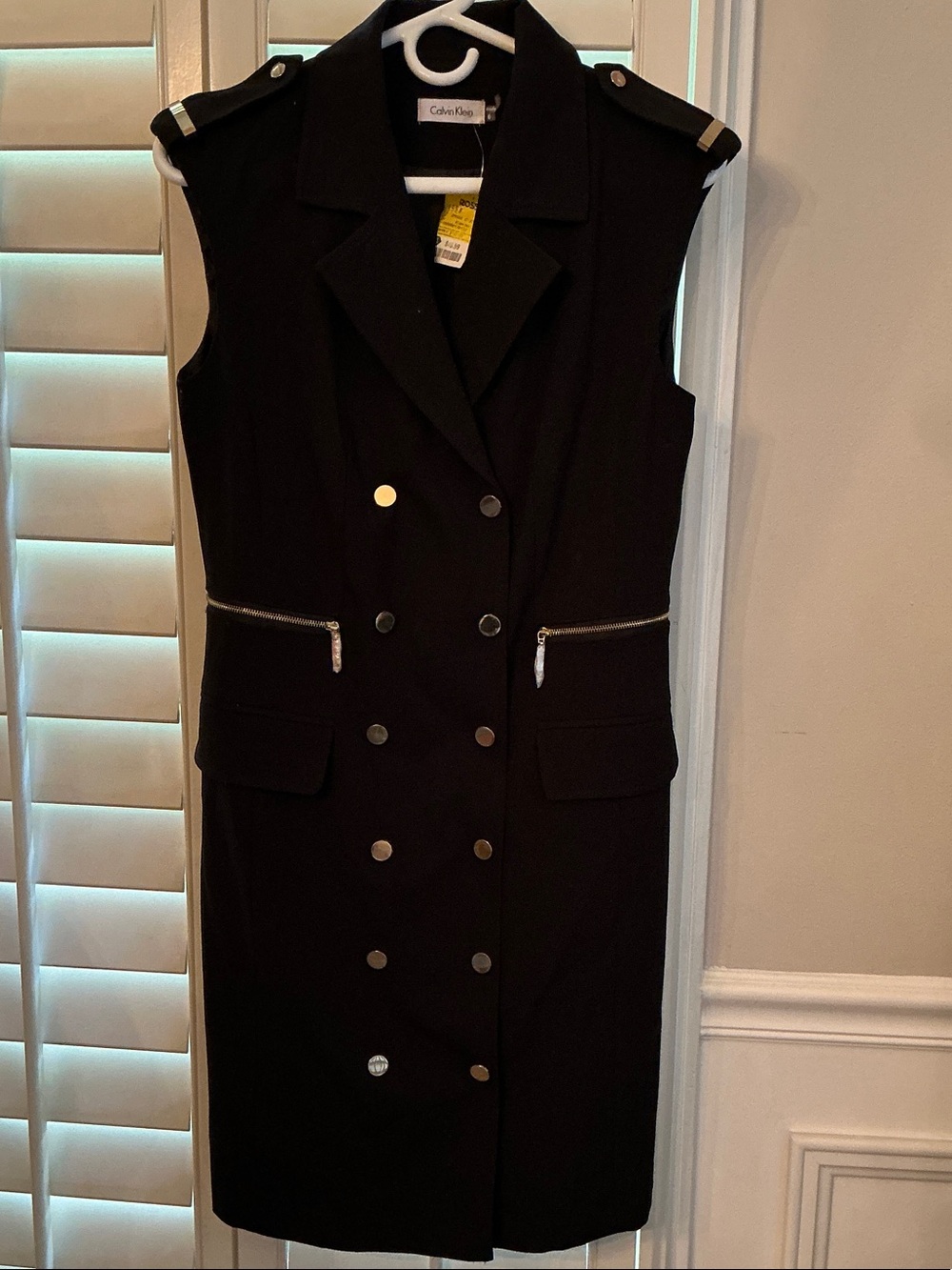 Calvin Klein Black Sleeveless Double-Breasted Coat Dress with Gold Accents